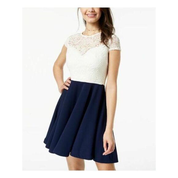 B DARLIN Dresses & Skirts - NWT B DARLIN Womens Navy Stretch Tie Short Sleeve Short Dress 3\4